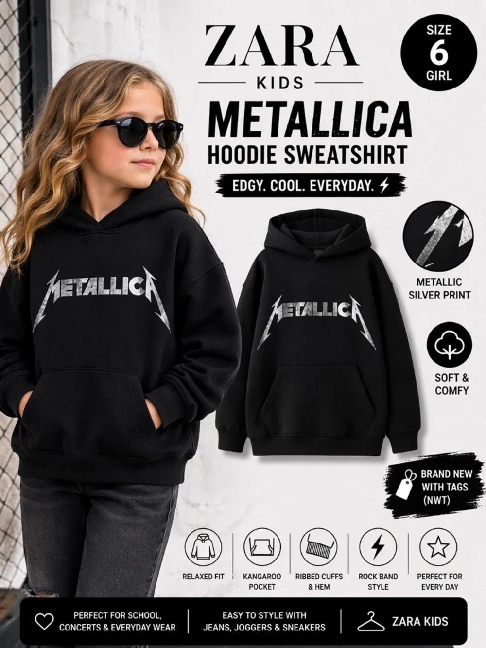 ZARA Kids Black Metallica Hoodie Sweatshirt NWT Size 6
